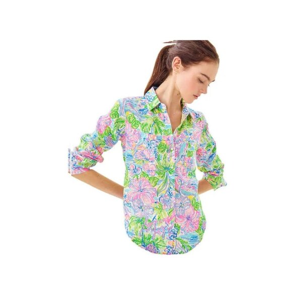 Lilly Pulitzer Sea View Linen Button Down Top "Lilly Love Hawaii" Multi Sz M - Picture 1 of 5